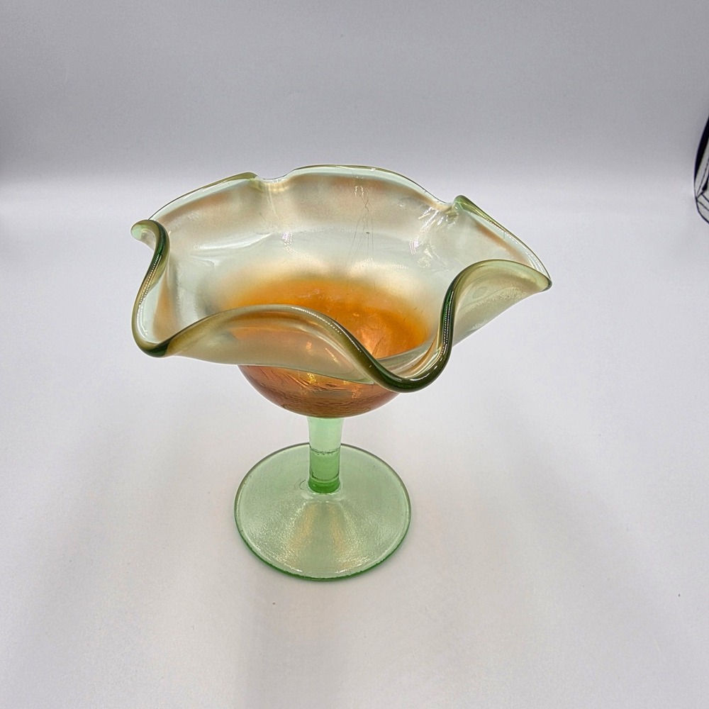 VNTG Carnival Glass Compote Ruffled Handkerchief Bowl Marigold Green Iridescent